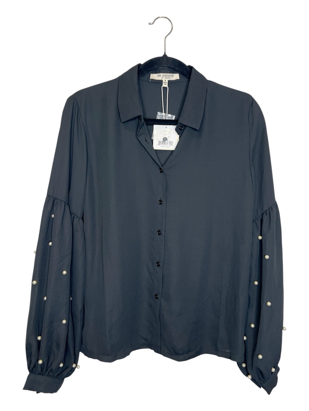 FREE GENERATION Pearl Embellished Sleeve Black Button Up Top size Medium